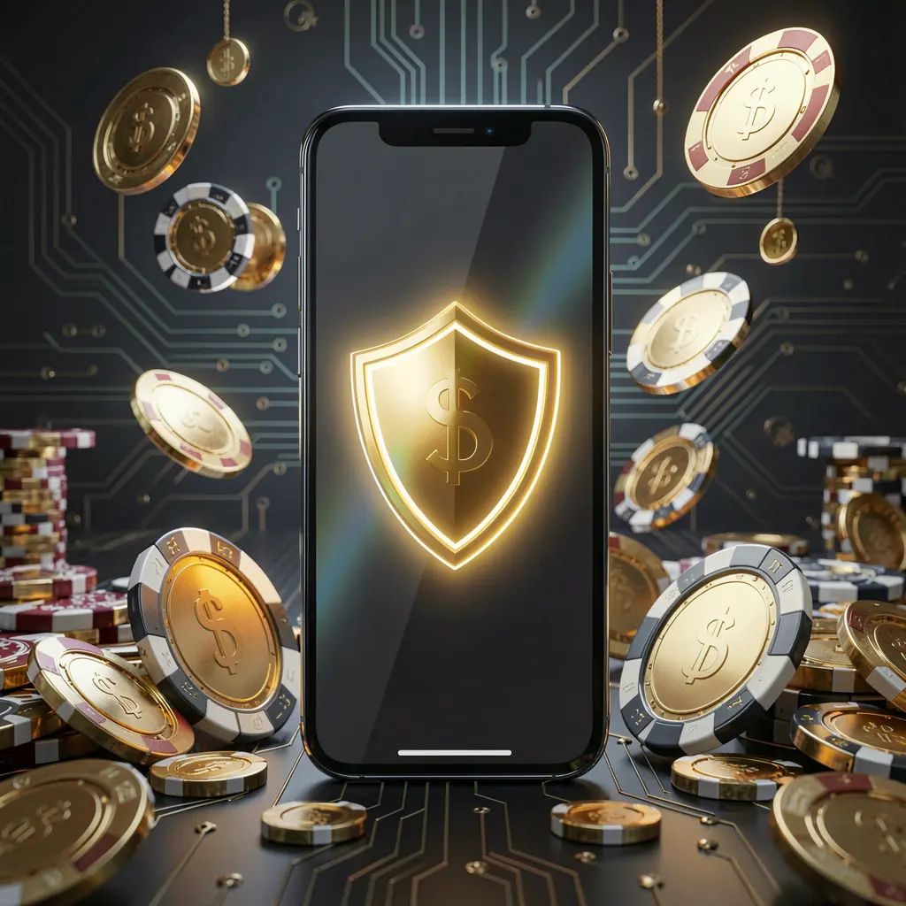 KHUSHIBAZI secure mobile casino app concept showing a smartphone with a glowing shield icon surrounded by golden coins and chips against a dark luxury cyber background in a realistic 3D render