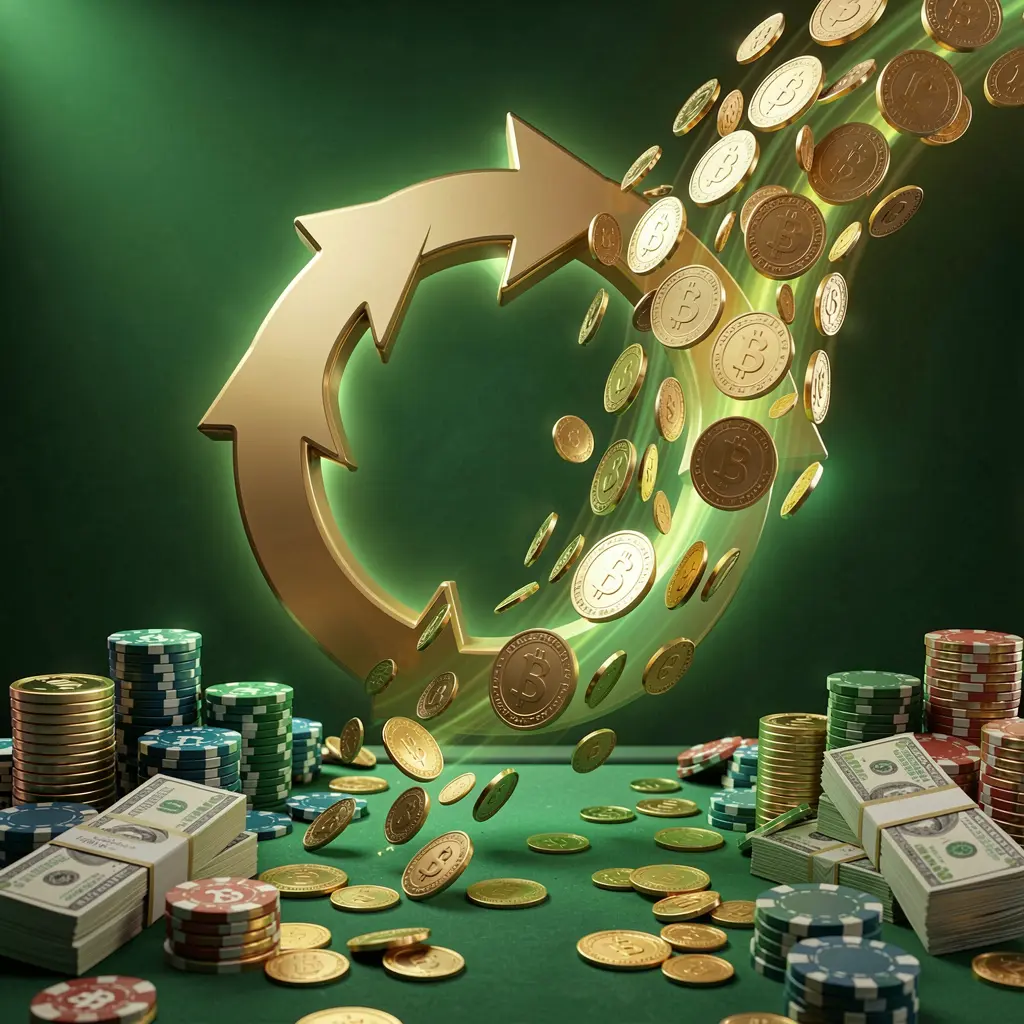 Realistic 3D render of KHUSHIBAZI cashback casino bonus scene featuring coins moving in a circular arrow, stacks of chips, and cash bundles with green and gold glow