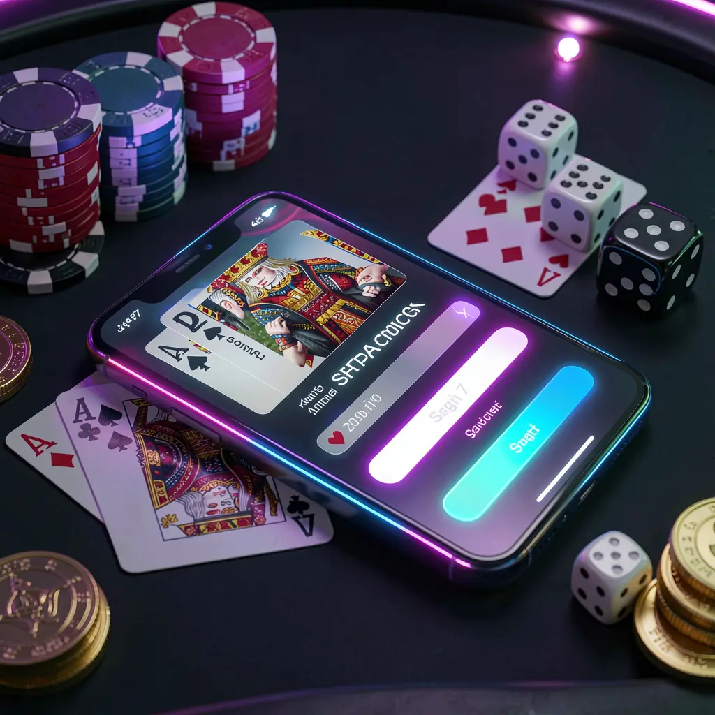 KHUSHIBAZI casino account sign in scene with a glowing smartphone on a casino table surrounded by cards, chips, dice, and gold coins, set against an elegant dark background with neon highlights in a realistic 3D render