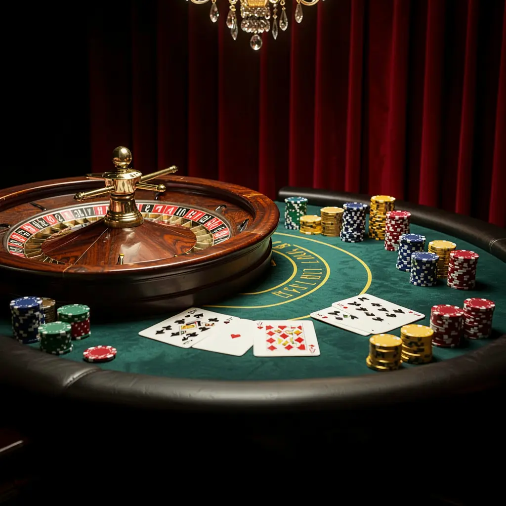 Elegant gaming table with roulette, blackjack cards, poker chips, and coins under luxury cinematic lighting on a black and red background representing KHUSHIBAZI online casino platform